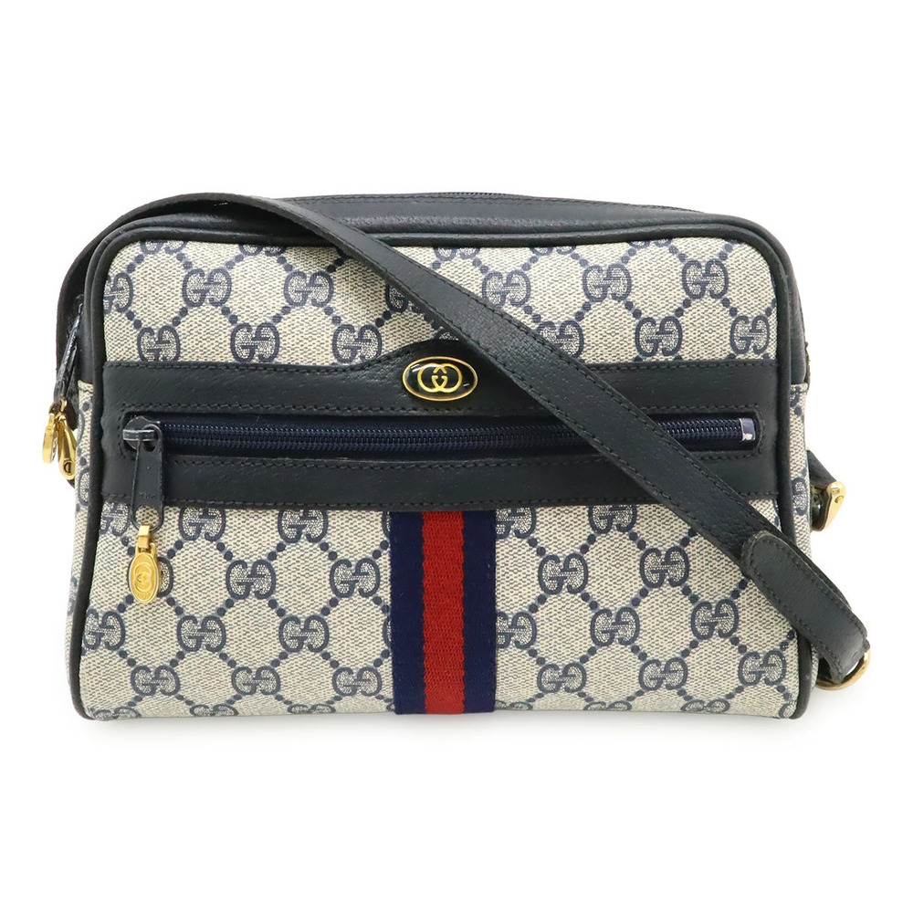 Gucci GG Plus Sherry Shoulder Bag Leather Navy Blue Ivory White Red